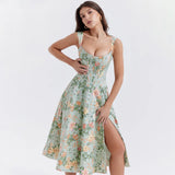 Ruth | Women's Floral Midi Dress with Corset Bodice and High Slit
