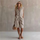 Adeline | Women's Linen Two Piece Set Button Shorts