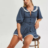 Ellen | Women's Puff Sleeve Mini Dress with Lace Collar and A-Line Silhouette