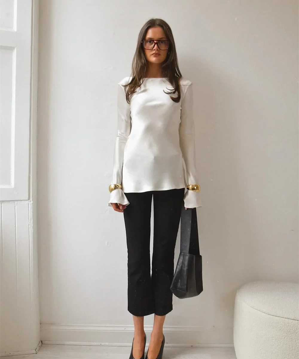 Elara | Women’s Satin Long Sleeve Bell Cuff Top