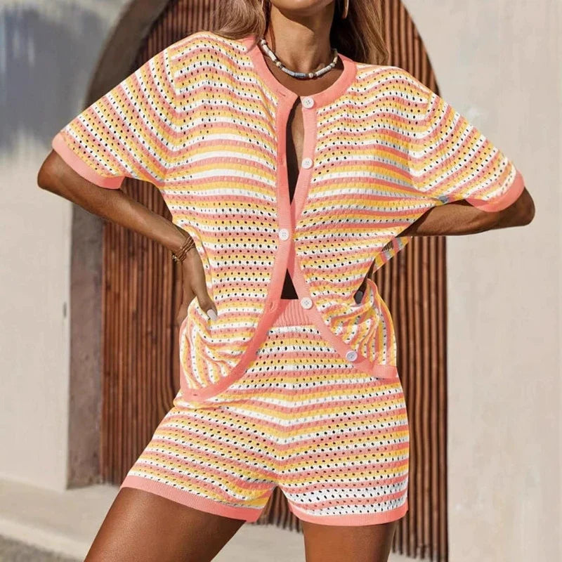Elodie | Women's Knit Two Piece Set Cardigan Shorts