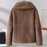 Liana | Women's Short Faux Mink Coat with Chevron Texture and Wide Lapel
