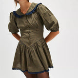 Ellen | Women's Puff Sleeve Mini Dress with Lace Collar and A-Line Silhouette