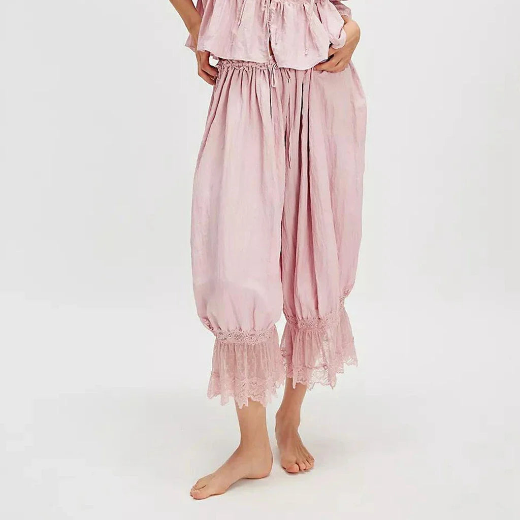 Eve | Women's Wide Leg Cotton Pants with Lace Cuffs
