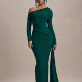 Evangeline | Women's One-Shoulder Ruched Midi Gown with Slim Fit