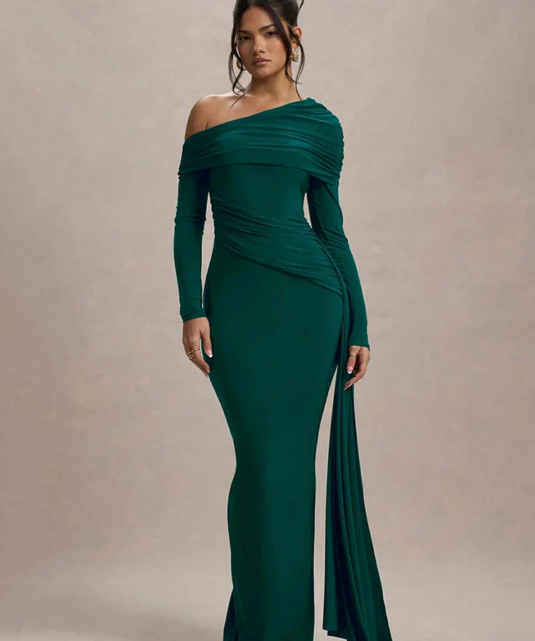 Evangeline | Women's One-Shoulder Ruched Midi Gown with Slim Fit
