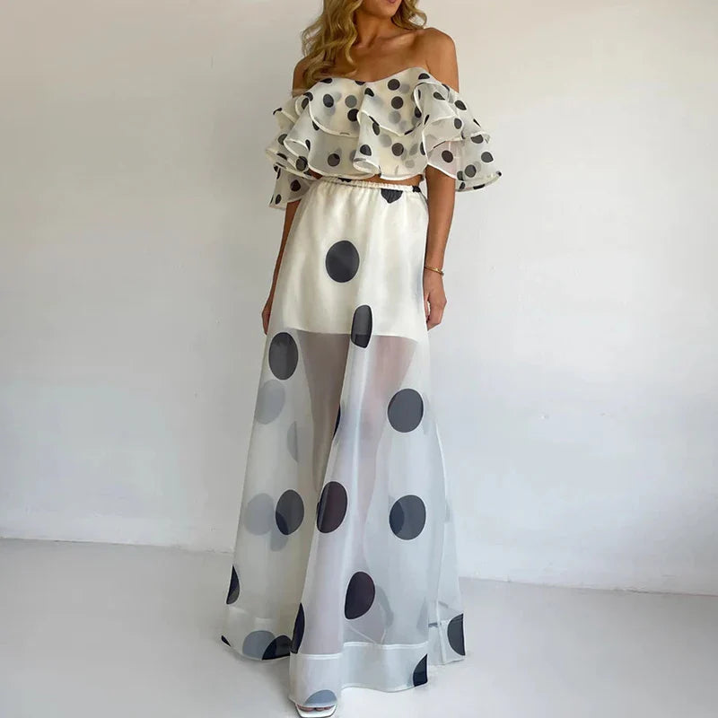 Helena | Women's Two Piece Set with Ruffle Top and Polka Dot Skirt