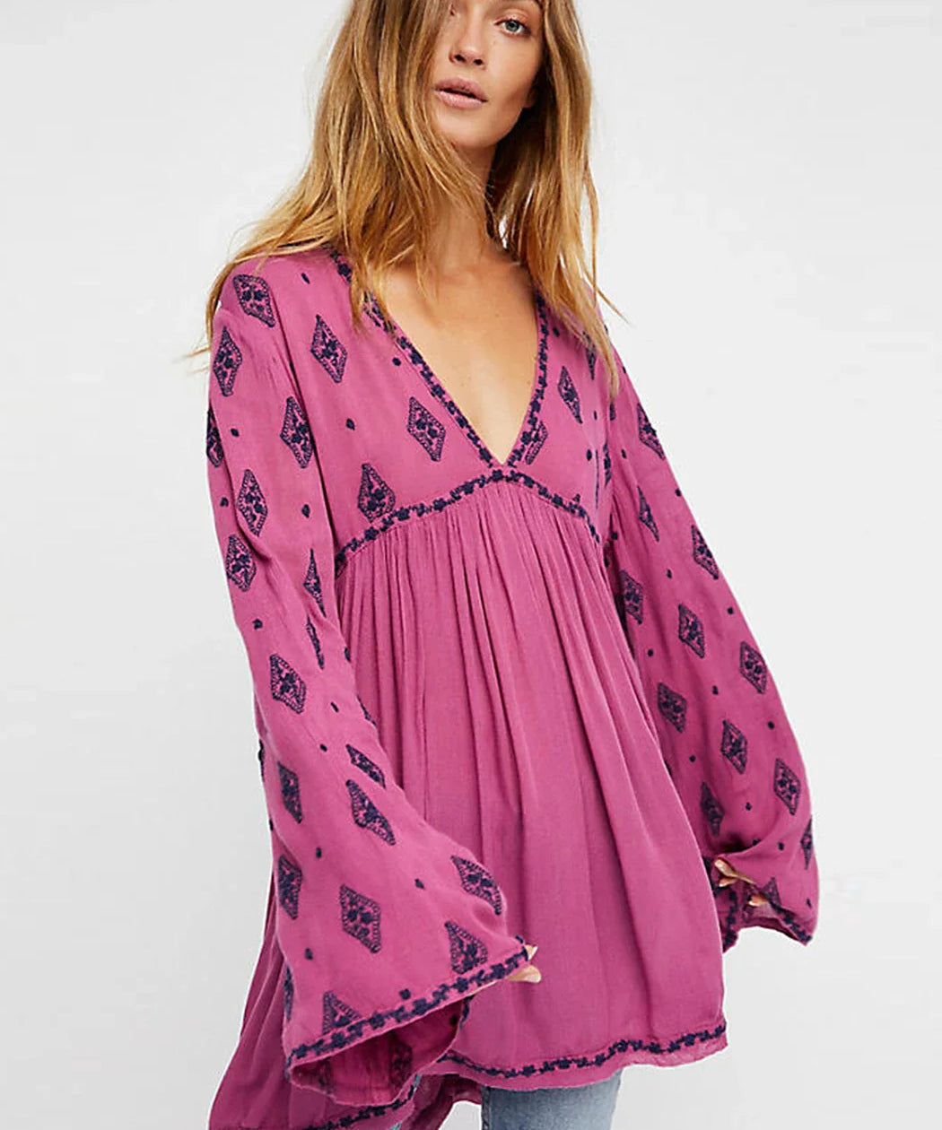 Lydia | Women's Embroidered Crinkle Cotton Mini Dress with V-Neck