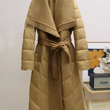Margaux | Women's Long Quilted Duck Down Coat with Wool Shawl Collar and Tie Waist