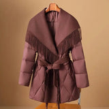 Juliette | Women's Mid-Length Duck Down Coat with Wool Fringe Lapel and Belted Waist
