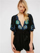 Fioretta | Women's Embroidered Deep V Mini Dress with Tassel Waist Tie