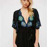 Fioretta | Women's Embroidered Deep V Mini Dress with Tassel Waist Tie