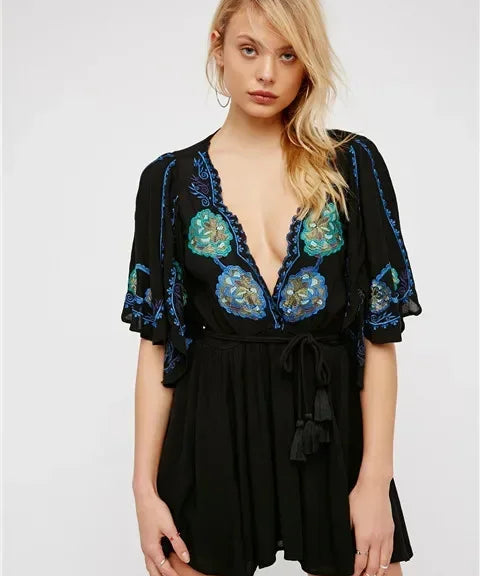 Fioretta | Women's Embroidered Deep V Mini Dress with Tassel Waist Tie