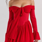 Scarlet | Women's Off-Shoulder Pleated Midi Dress with Flared Sleeves