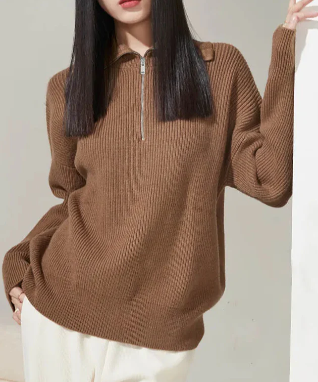 Skylar | Women's Cotton Pullover with Wide Collar and Chest Zipper Detail