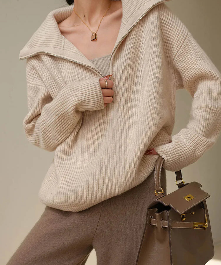 Skylar | Women's Cotton Pullover with Wide Collar and Chest Zipper Detail