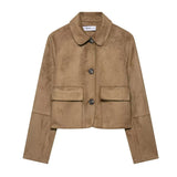 Tatiana | Women's Cropped Faux-Suede Jacket with Lapel and Oversized Buttons