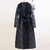 Margaux | Women's Long Quilted Duck Down Coat with Wool Shawl Collar and Tie Waist
