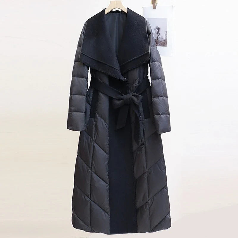 Margaux | Women's Long Quilted Duck Down Coat with Wool Shawl Collar and Tie Waist