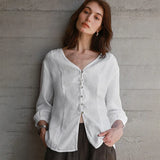 Maddie | Women Shirt With Linen Collarless V Neck