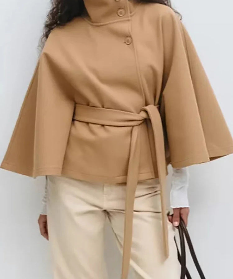 Novara | Women's Wool Blend Cape Coat with Stand Collar and Belted Waist