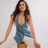 Alenza | Women's Denim Halter Vest with Snap Front Closure
