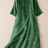 Vivica | Women's Embroidered Cotton Linen Midi Dress with V-Neck