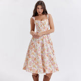 Ruth | Women's Floral Midi Dress with Corset Bodice and High Slit