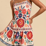 Zaria | Women's Floral Flared Mini Dress in Cotton Linen Blend