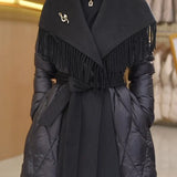 Juliette | Women's Mid-Length Duck Down Coat with Wool Fringe Lapel and Belted Waist