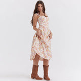 Ruth | Women's Floral Midi Dress with Corset Bodice and High Slit