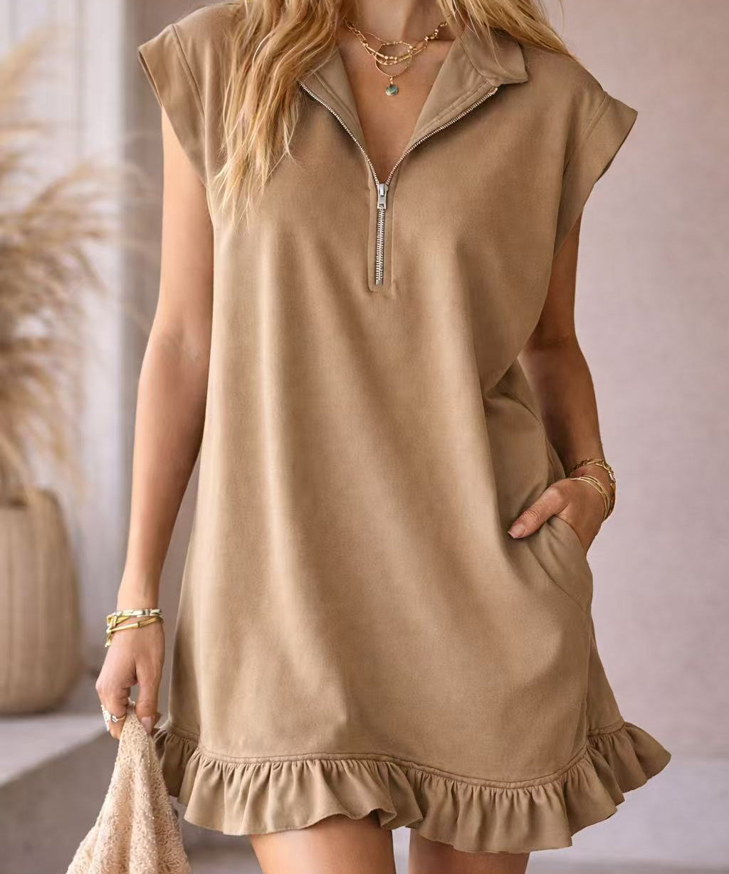Elise | Women's T-Shirt Dress with Half Zip Collar and Ruffle Hem