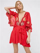 Fioretta | Women's Embroidered Deep V Mini Dress with Tassel Waist Tie