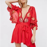 Fioretta | Women's Embroidered Deep V Mini Dress with Tassel Waist Tie