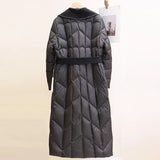 Margaux | Women's Long Quilted Duck Down Coat with Wool Shawl Collar and Tie Waist