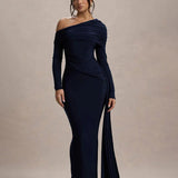 Evangeline | Women's One-Shoulder Ruched Midi Gown with Slim Fit