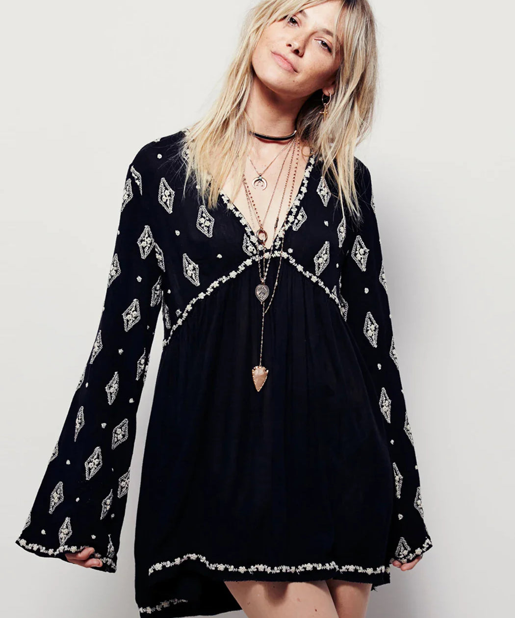 Lydia | Women's Embroidered Crinkle Cotton Mini Dress with V-Neck