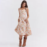 Ruth | Women's Floral Midi Dress with Corset Bodice and High Slit
