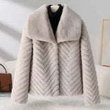 Liana | Women's Short Faux Mink Coat with Chevron Texture and Wide Lapel