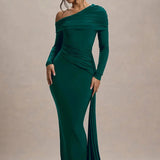 Evangeline | Women's One-Shoulder Ruched Midi Gown with Slim Fit
