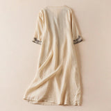 Vivica | Women's Embroidered Cotton Linen Midi Dress with V-Neck