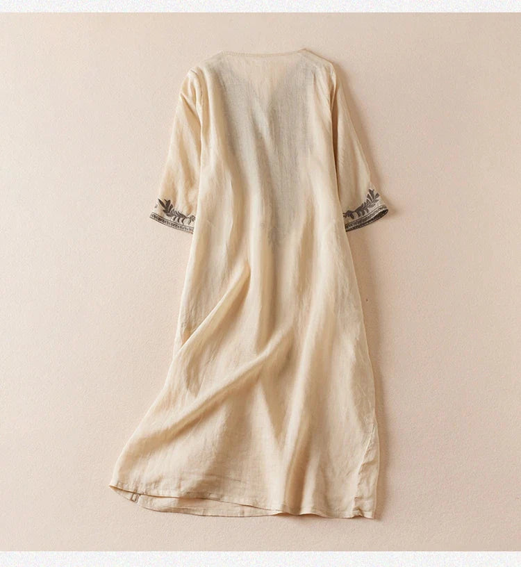 Vivica | Women's Embroidered Cotton Linen Midi Dress with V-Neck