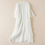 Vivica | Women's Embroidered Cotton Linen Midi Dress with V-Neck