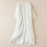 Vivica | Women's Embroidered Cotton Linen Midi Dress with V-Neck