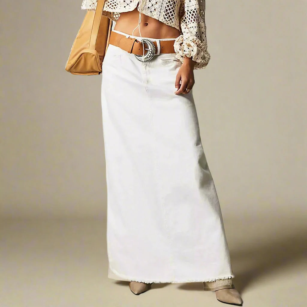 Iris | Women's Denim A-Line Maxi Skirt with Dropped Waist