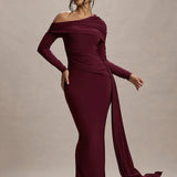 Evangeline | Women's One-Shoulder Ruched Midi Gown with Slim Fit