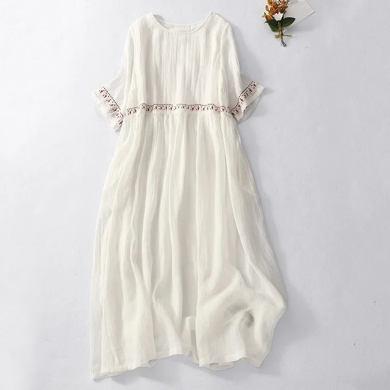 Esther | Women's Cotton Linen Midi Dress with Embroidery Detail