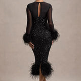 Celeste | Women's Sequin Mesh Maxi Dress with Feather Detail