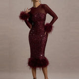 Celeste | Women's Sequin Mesh Maxi Dress with Feather Detail