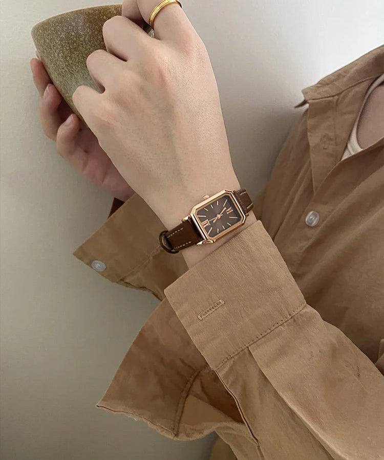 Audrey | Women Wrist Watch with Rectangle Dial and Leather Strap